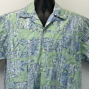Go Barefoot Hawaiian Button Front Camp Shirt Reverse Print USA Green L Large